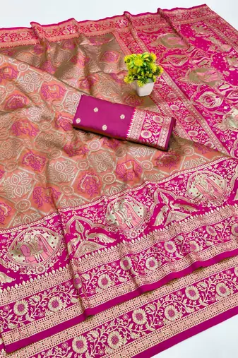 Peach zari woven banarasi silk blend saree with blouse piece