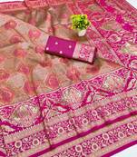 Peach zari woven banarasi silk blend saree with blouse piece