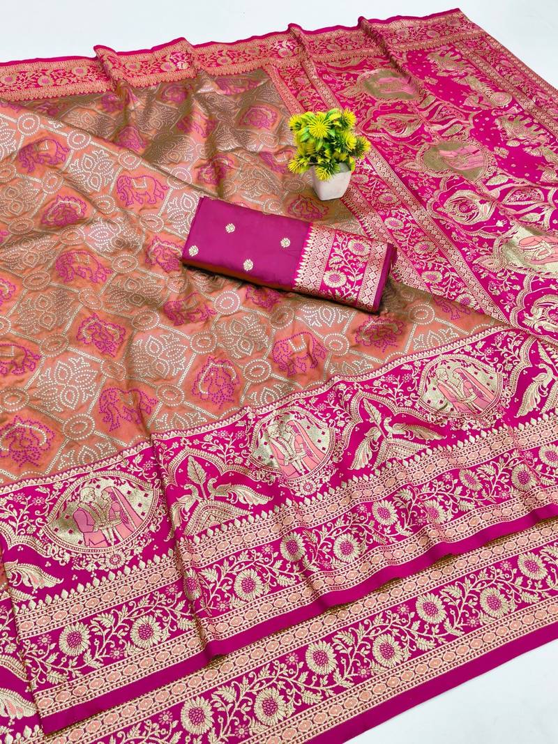 Peach zari woven banarasi silk blend saree with blouse piece