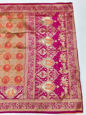 Peach zari woven silk blend saree with blouse piece 2
