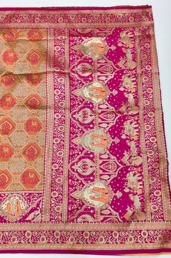 Peach zari woven silk blend saree with blouse piece