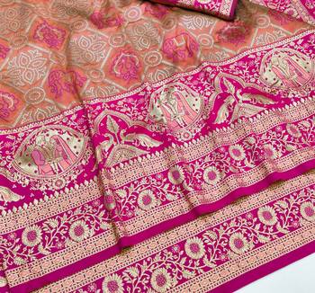 Peach zari woven silk blend saree with blouse piece 3