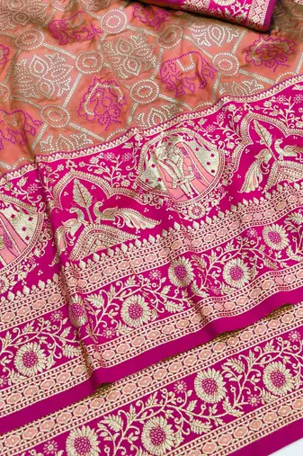Peach zari woven silk blend saree with blouse piece