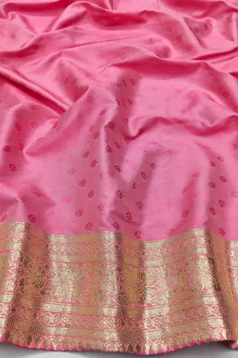 Pink zari woven silk blend saree with blouse piece