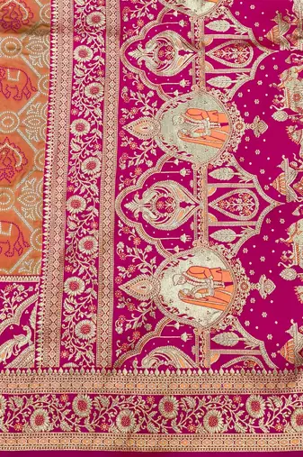 Peach zari woven silk blend saree with blouse piece