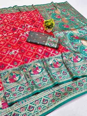 Pink zari woven silk blend saree with blouse piece 1