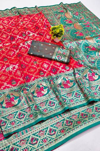 Pink zari woven banarasi silk blend saree with blouse piece