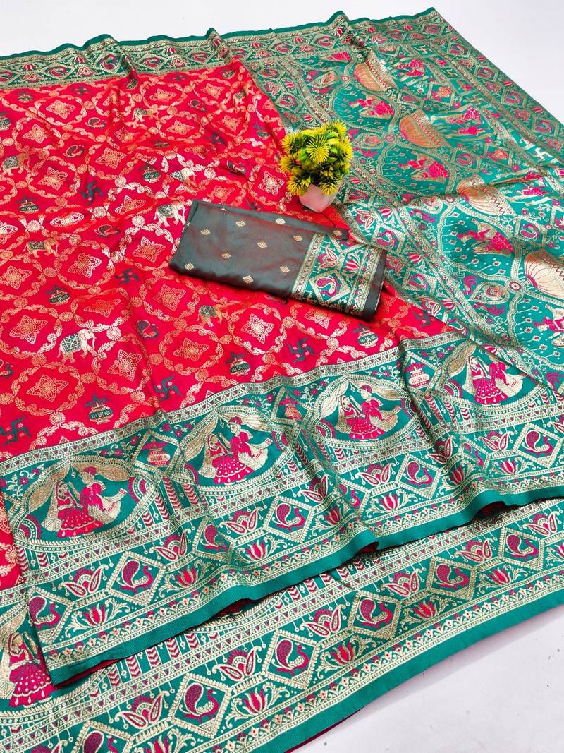 Pink zari woven banarasi silk blend saree with blouse piece