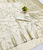 Cream zari woven banarasi silk blend saree with blouse piece