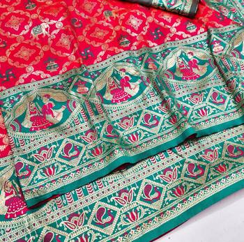 Pink zari woven silk blend saree with blouse piece 3