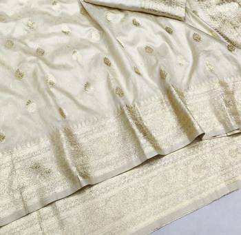 Cream zari woven silk blend saree with blouse piece 3