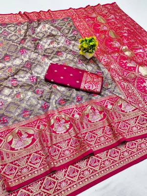 Purple zari woven silk blend saree with blouse piece 1