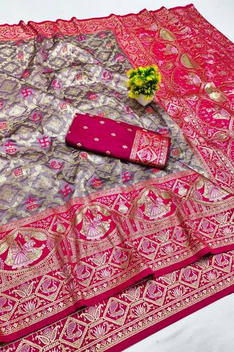 Purple zari woven silk blend saree with blouse piece