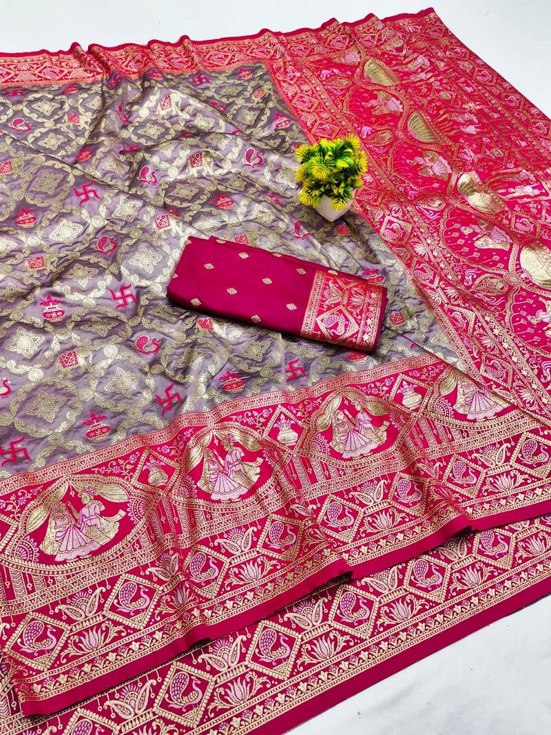 Purple zari woven banarasi silk blend saree with blouse piece