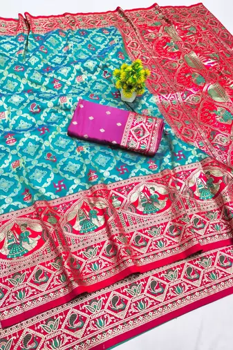 Blue zari woven silk blend saree with blouse piece