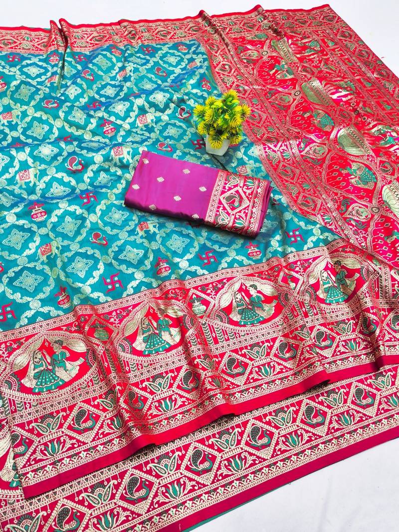 Blue zari woven banarasi silk blend saree with blouse piece