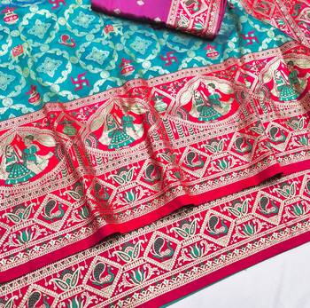 Blue zari woven silk blend saree with blouse piece 3