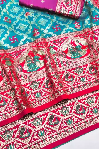 Blue zari woven silk blend saree with blouse piece