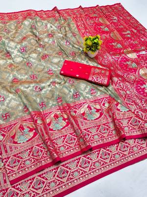 Grey zari woven silk blend saree with blouse piece 1