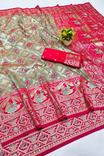 Grey zari woven banarasi silk blend saree with blouse piece