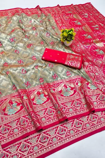 Grey zari woven banarasi silk blend saree with blouse piece