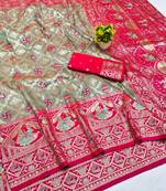 Grey zari woven banarasi silk blend saree with blouse piece