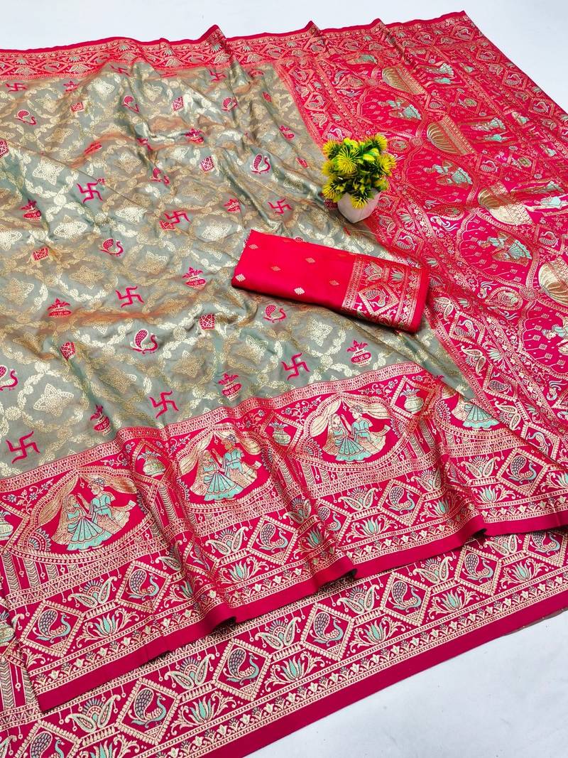 Grey zari woven banarasi silk blend saree with blouse piece