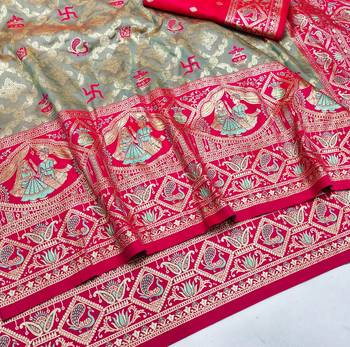 Grey zari woven silk blend saree with blouse piece 3