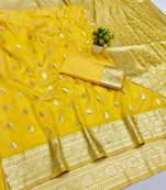 Gold zari woven banarasi silk blend saree with blouse piece