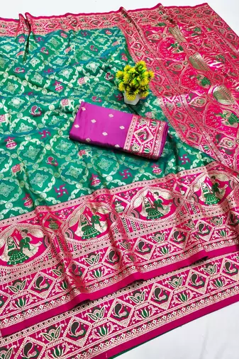 Rama zari woven silk blend saree with blouse piece