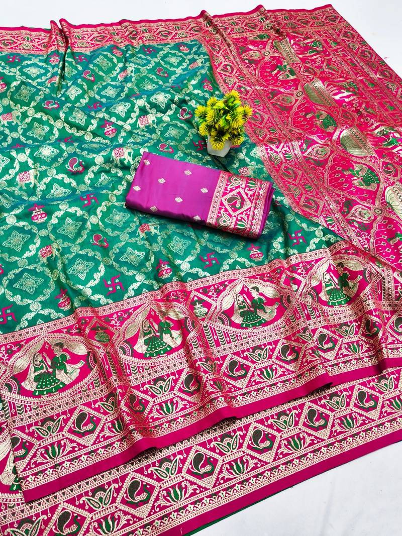 Rama zari woven banarasi silk blend saree with blouse piece