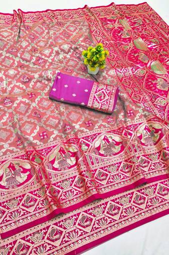 Peach zari woven silk blend saree with blouse piece
