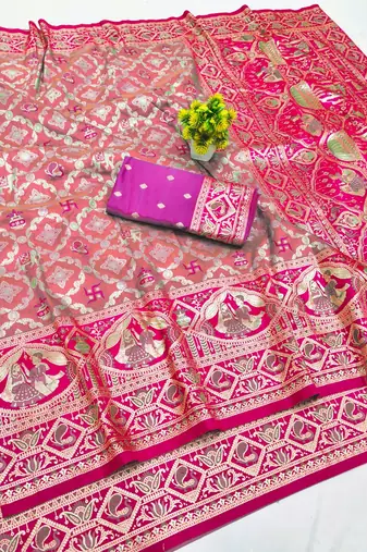 Peach zari woven silk blend saree with blouse piece