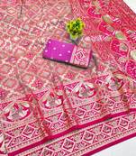 Peach zari woven banarasi silk blend saree with blouse piece