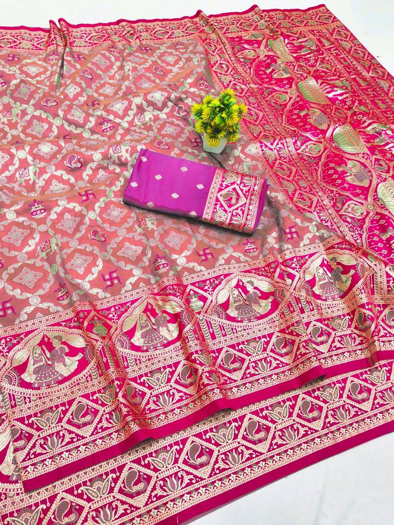 Peach zari woven banarasi silk blend saree with blouse piece