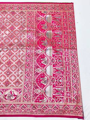Peach zari woven silk blend saree with blouse piece 2