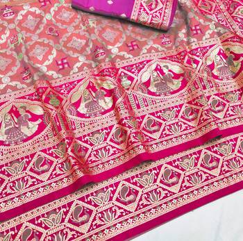 Peach zari woven silk blend saree with blouse piece 3