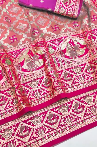 Peach zari woven silk blend saree with blouse piece