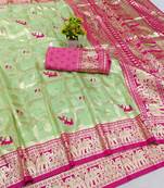 Light green zari woven banarasi silk blend saree with blouse piece