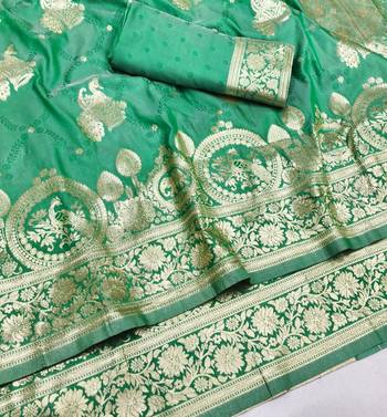 Green zari woven silk blend saree with blouse piece 3