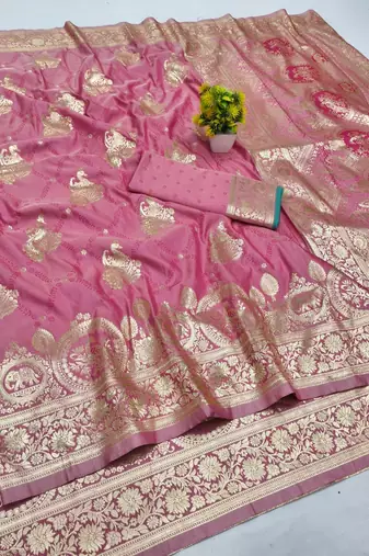 Pink zari woven banarasi silk blend saree with blouse piece