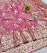 Pink zari woven banarasi silk blend saree with blouse piece