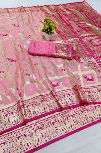 Pink zari woven silk blend saree with blouse piece
