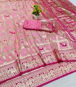 Pink zari woven banarasi silk blend saree with blouse piece