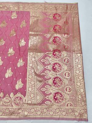 Pink zari woven silk blend saree with blouse piece 2