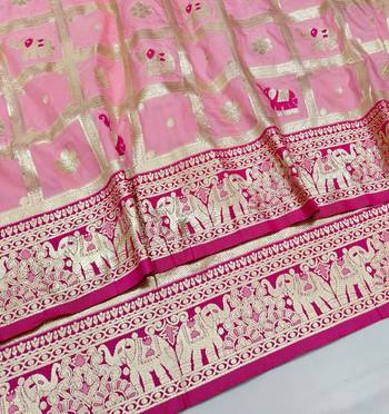 Pink zari woven silk blend saree with blouse piece 3