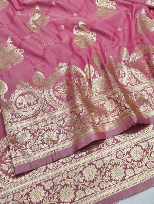 Pink zari woven silk blend saree with blouse piece 3