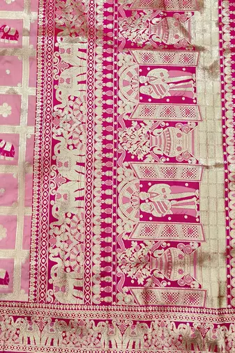 Pink zari woven silk blend saree with blouse piece