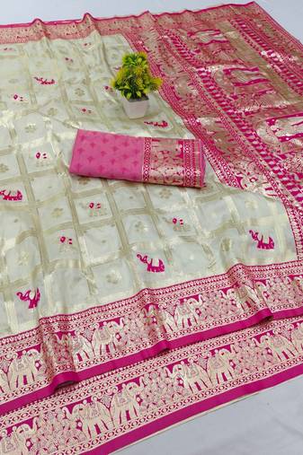 Cream zari woven silk blend saree with blouse piece