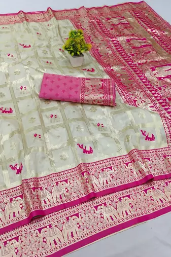 Cream zari woven banarasi silk blend saree with blouse piece
